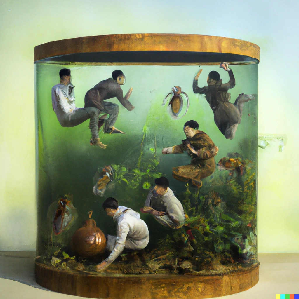 Prompt: An oil-painting of seven developers breaking out of a terrarium.