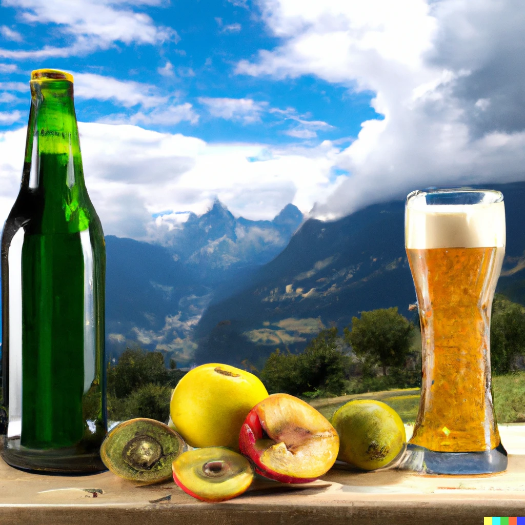 Prompt:  Beer in a glass with bottle and fruits in front of mountains