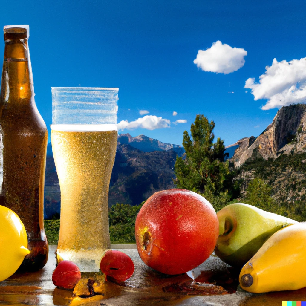 Prompt:  Beer in a glass with bottle and fruits in front of mountains