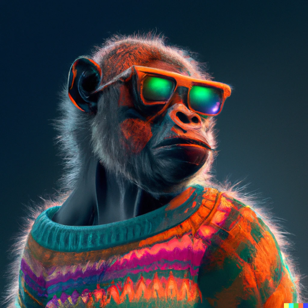 Prompt: A profile picture of an ape wearing a sweater and neon glasses, digital art