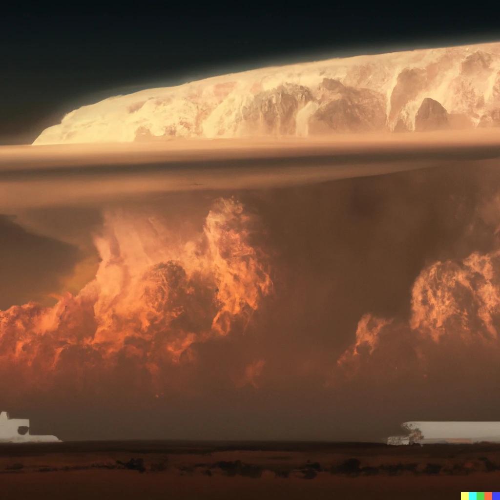 Prompt: Renaissance painting of epic cumulonimbus clouds on a desert plain as a massive spacecraft prepares to dock to a gantry