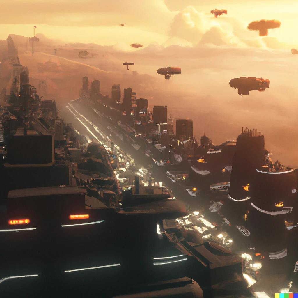 Prompt: "Epic scale monumental futuristic bunker city in smog with millions of fluorescent and LED light etching, receding into the distance, photograph, matte painting golden hour landscape, isometric. Crowded flying traffic in variable depth of field