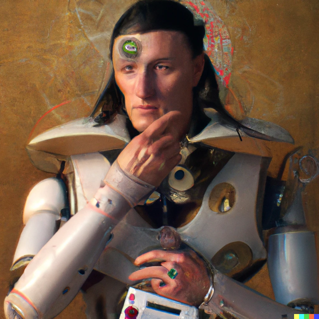 Prompt: A photo of a cyborg pretending to be Yul Brunner digital art renaissance painting 