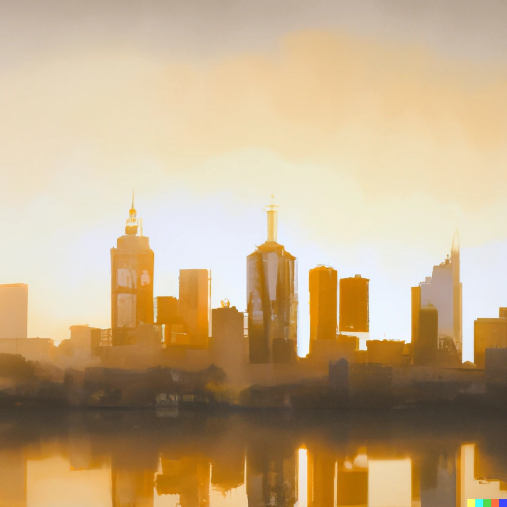 Prompt: A painting of a sun drenched Melbourne City skyline in early morning, in the style of Turner, light, Melbourne, cityscape reflections