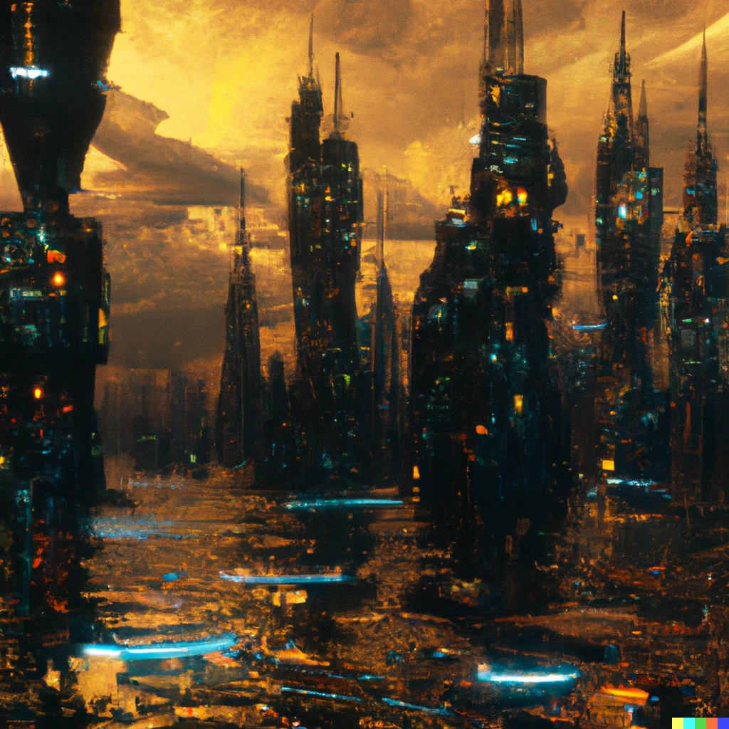 Prompt: Epic sunken cyberpunk city reflected in metallic pools of split mercury as a storm brews in the great distance, volumetric lighting, golden hour, intricate, digital art | 481