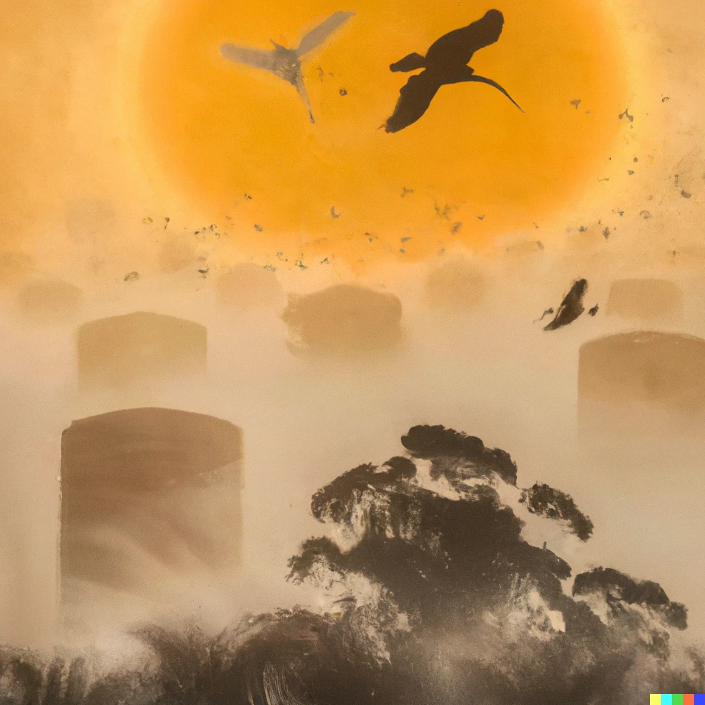 Prompt: sunrise through the mist with grain silos and sacred ibis birds flying across in silhouette in the style of Hiroshige wood block art