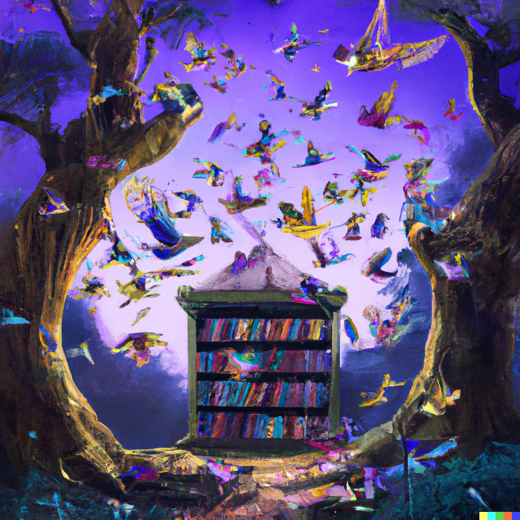 Prompt: Magical library filled with birds 