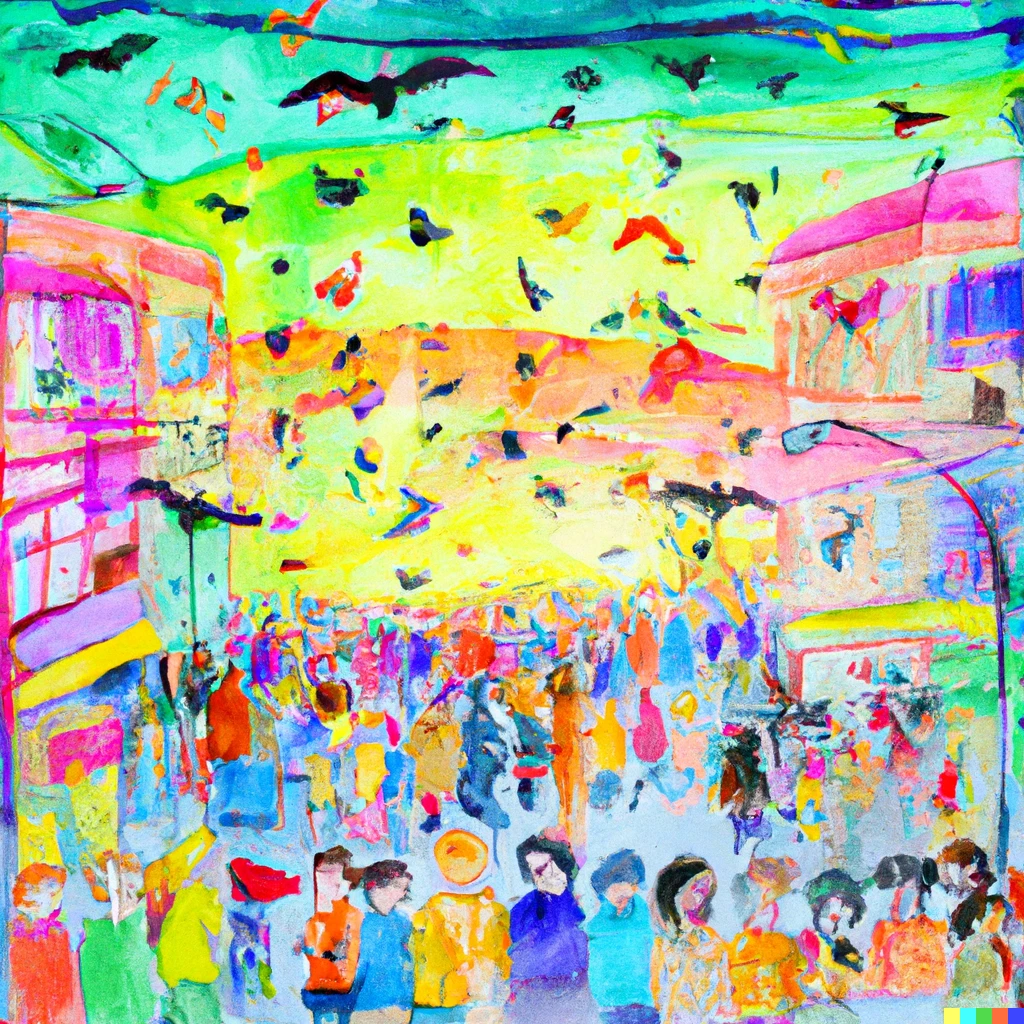 Prompt: technicolour streetscape, a crowd of people, sky filled with bats, birds, bees, and paper planes, water color