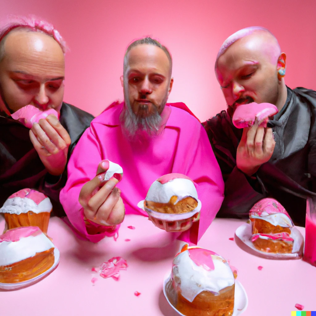 Prompt: Members of Metallica eating pink pastries in bishop clothing