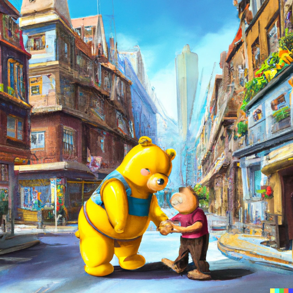 Prompt: doreamon and winnie the pooh holding hands in a cityscape, ultrarealistic