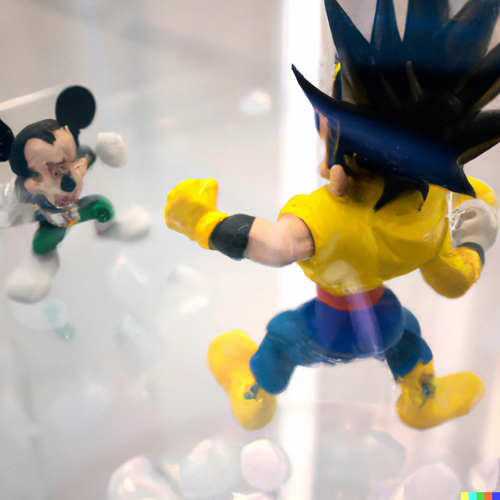 Prompt: Songoku fighting against Mickey Mouse, inside a glass box