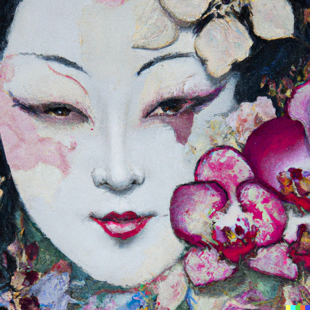 Prompt: A close up of a mesmerizing Geisha portrait, roses and orchids covering half of the face, painting in the style by Raphael 