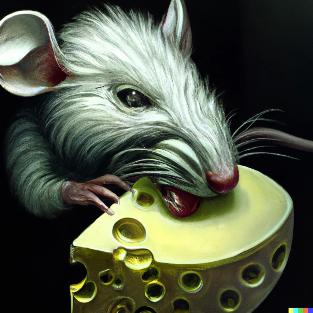 Prompt: a mouse eating cheese in the style of H. R. Giger