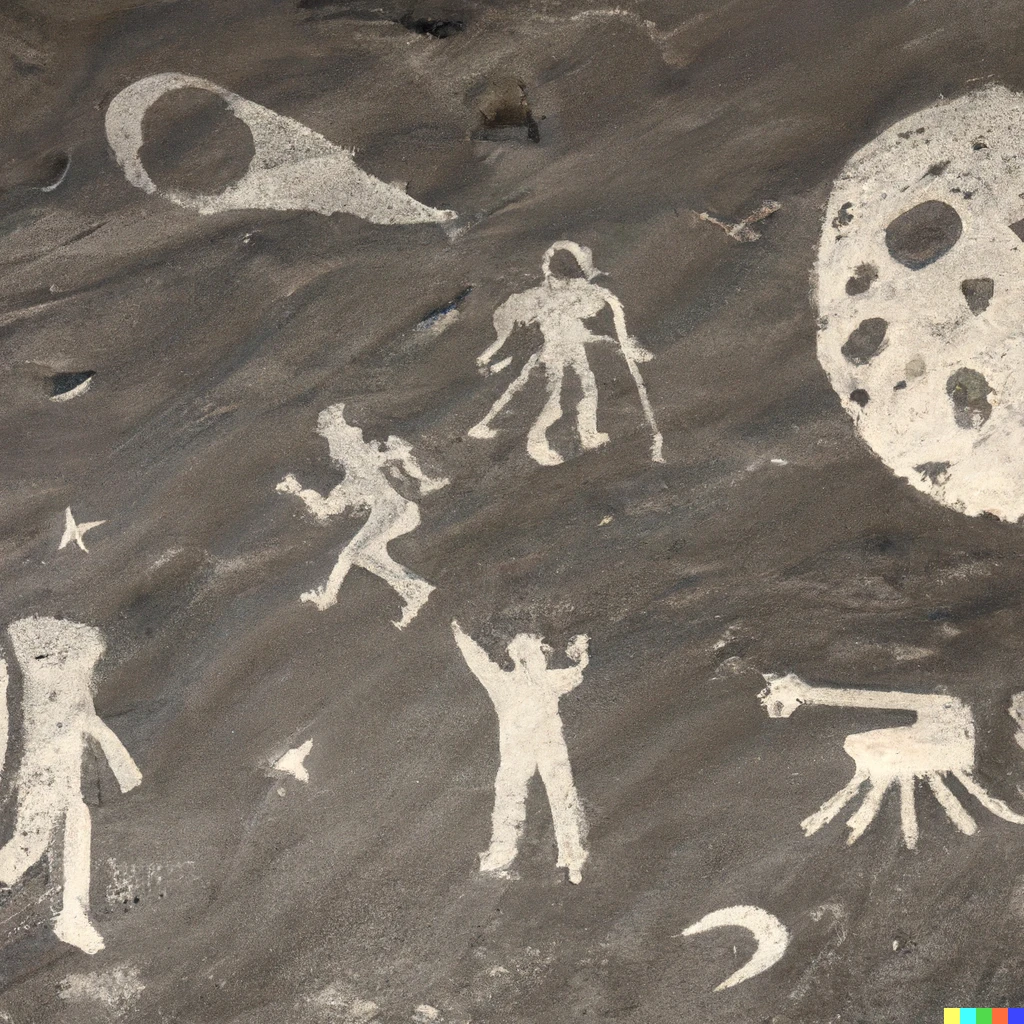 Prompt: a cave painting of the moon landing