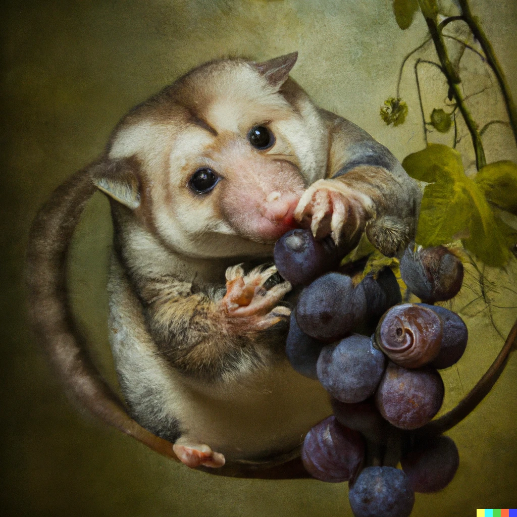 Prompt: renaissance painting of a possum eating grapes