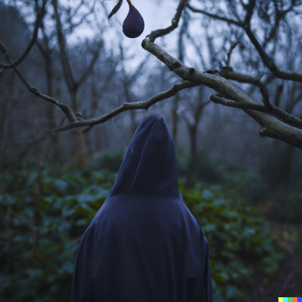 Prompt: a fig wearing a hoody in a misty winter forest