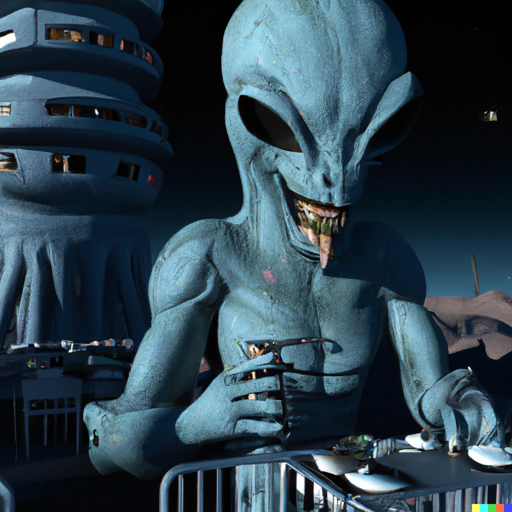 Prompt: a photorealistic giant alien eating a restaurant