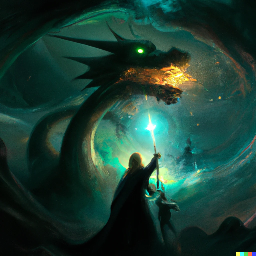 Prompt: A wizard guiding a dragon through a black hole before the universe collapses, digital art
