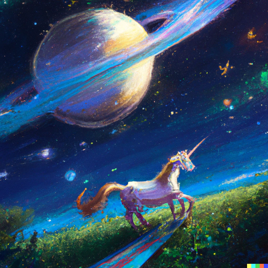 Prompt: a unicorn discovering the meaning of life as it crosses over Saturn's rings in A Long Summers Night, digital art