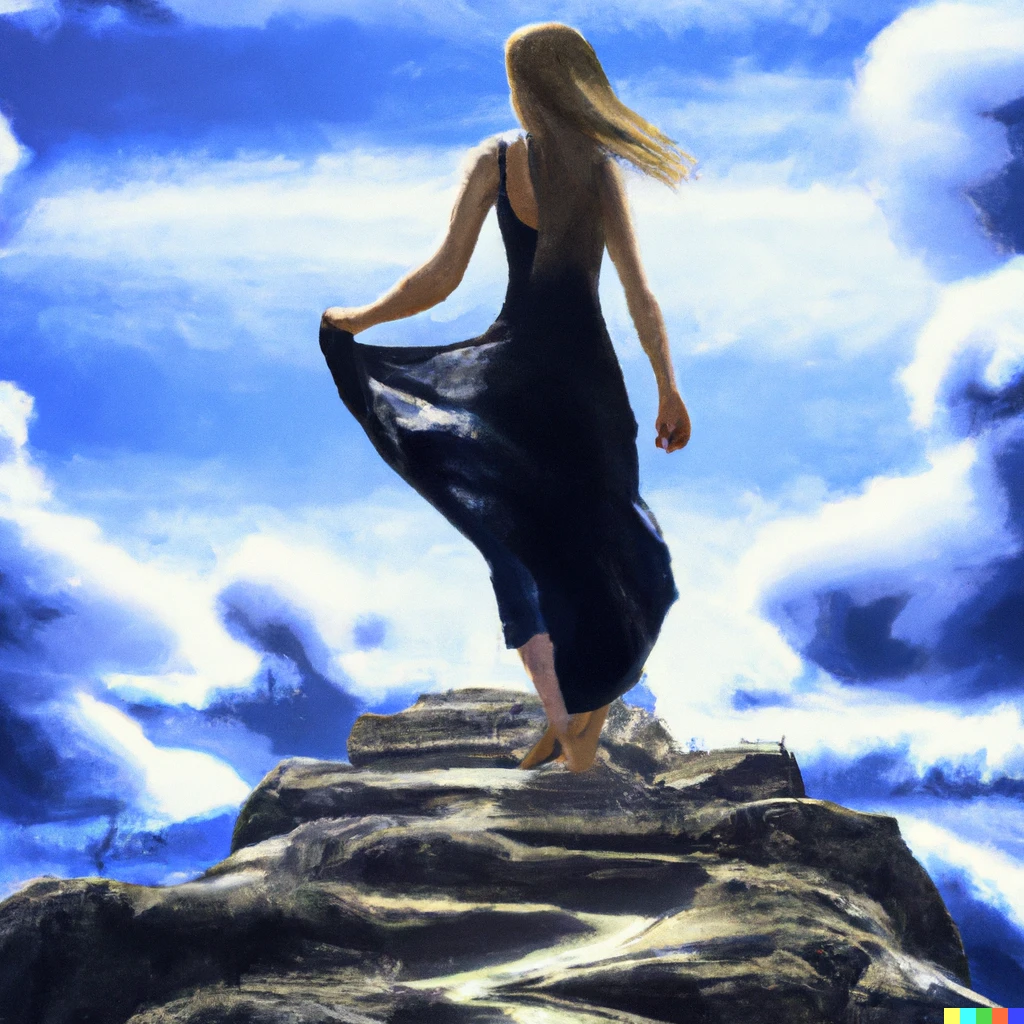 Prompt: Digital art, a young woman standing at the edge of a cliff, looking out at the vast blue sky. She is standing on a path that is windy and rocky, and she looks determined to continue on her journey. The sun is shining behind her, and the clouds are swirling around her.