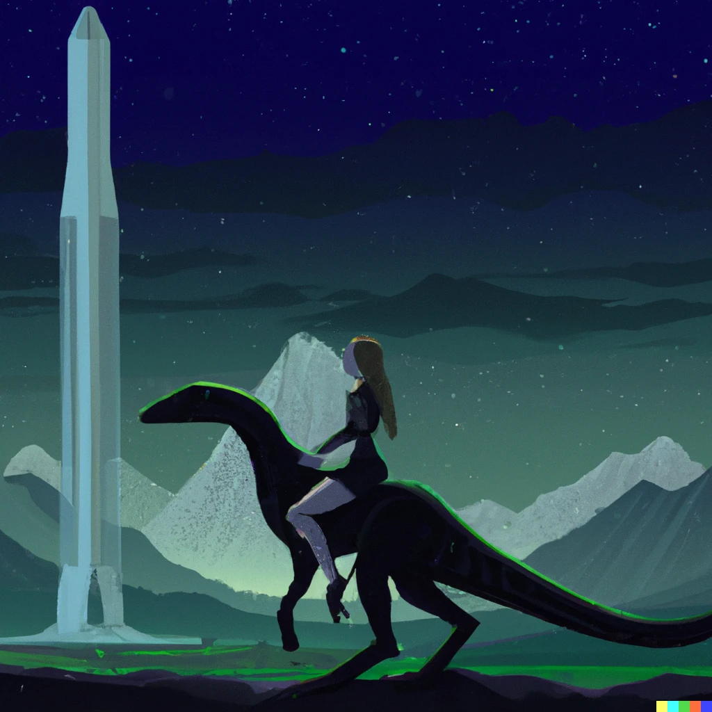 Prompt: a woman riding a velociraptor with a saddle in a field, beautiful mountains and a large glowing alien-like obelisk in the background