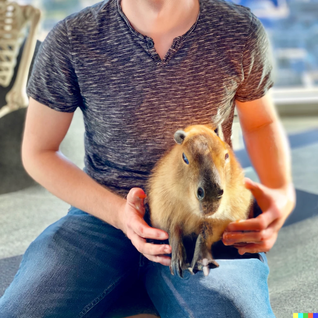 Prompt: a large capybara sitting on a man