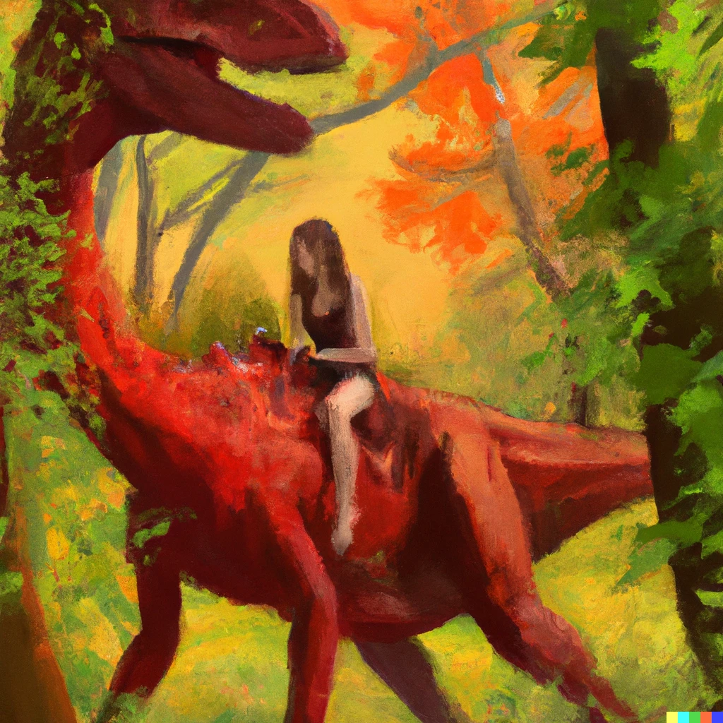 Prompt: a woman riding a dinosaur with a saddle through a beautiful forest, digital painting