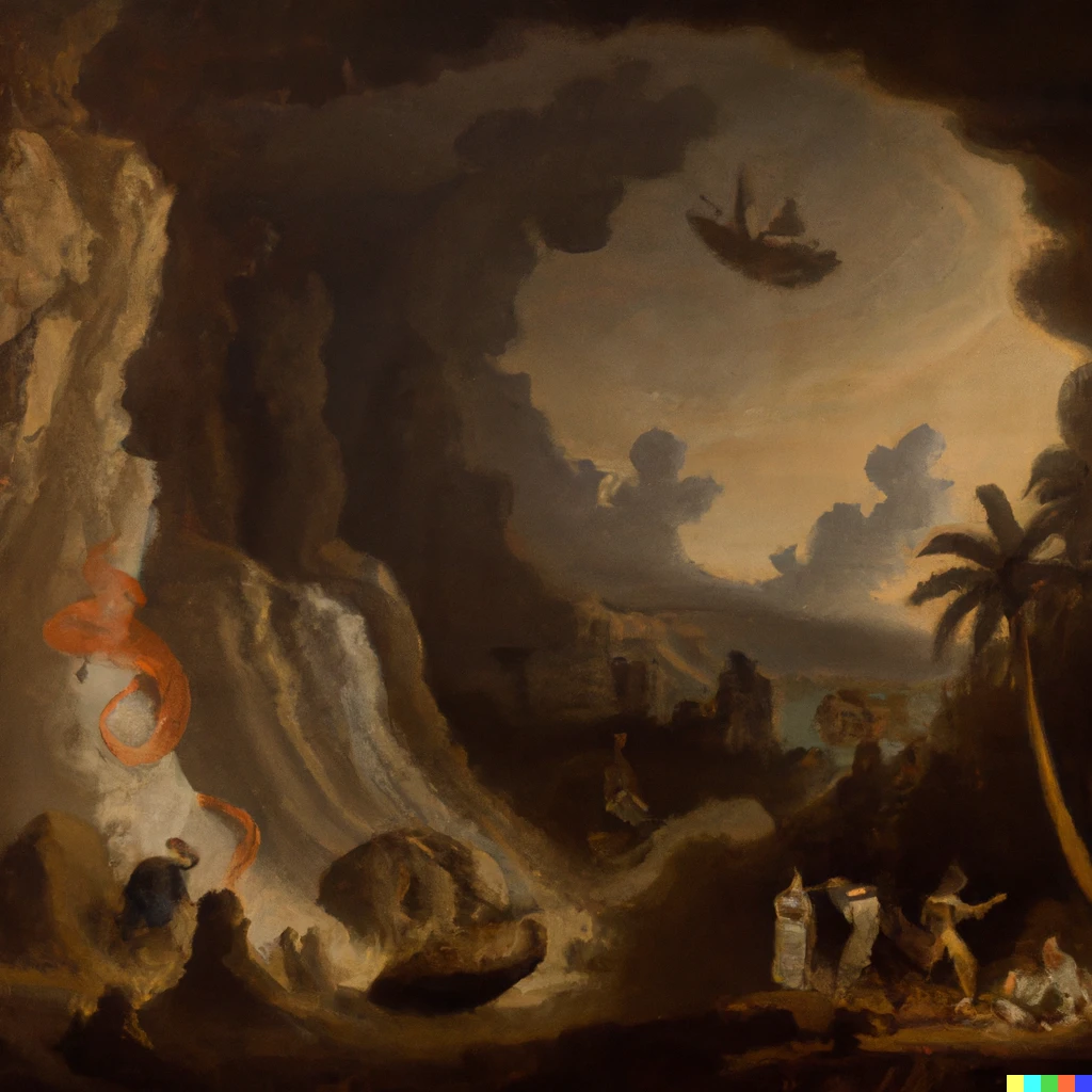 Prompt: An early nineteenth-century painting depicting the fall of a once-sophisticated civilization.