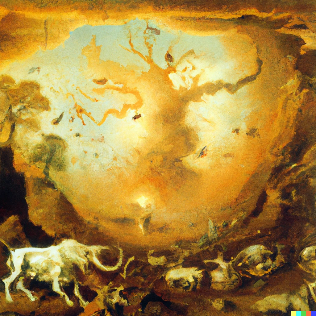 Prompt: A nineteen century painting depicting the apocalypse in prehistoric times
