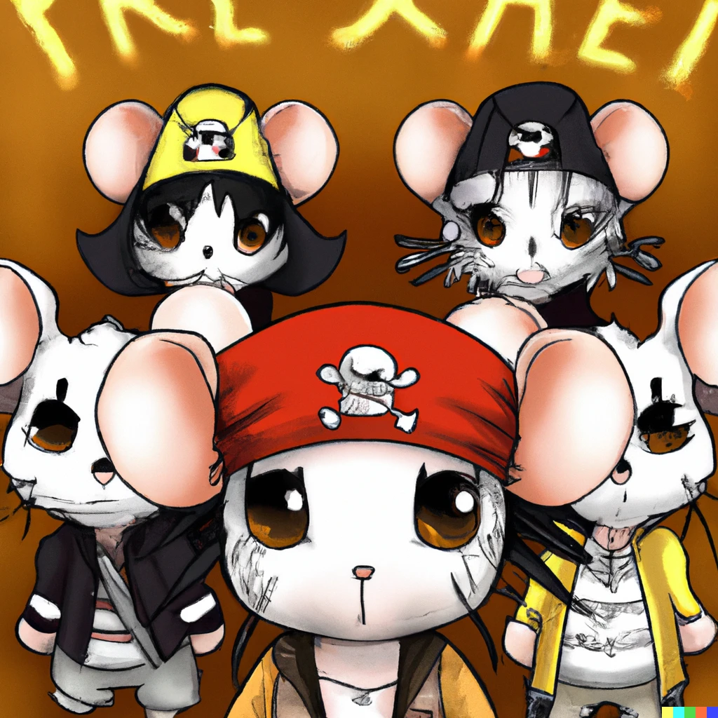 Prompt: A gang of pirate mice Big eyes big head anime digital art 