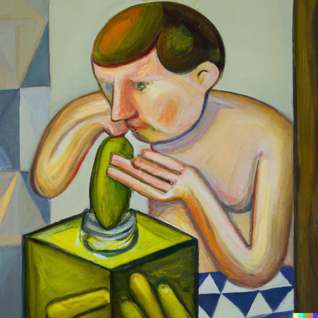 Prompt: Cubist oil painting of a young man trying to open a jar of pickles 