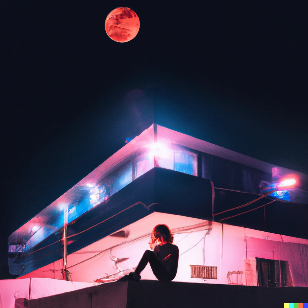 Prompt: a female squatting on a building at night with a red moon and neon lights