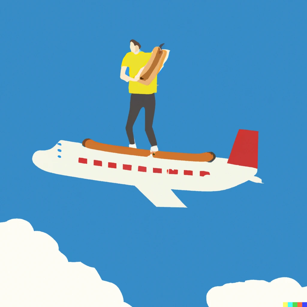Prompt: man is standing on top of a flying airplane with a hotdog in his hand