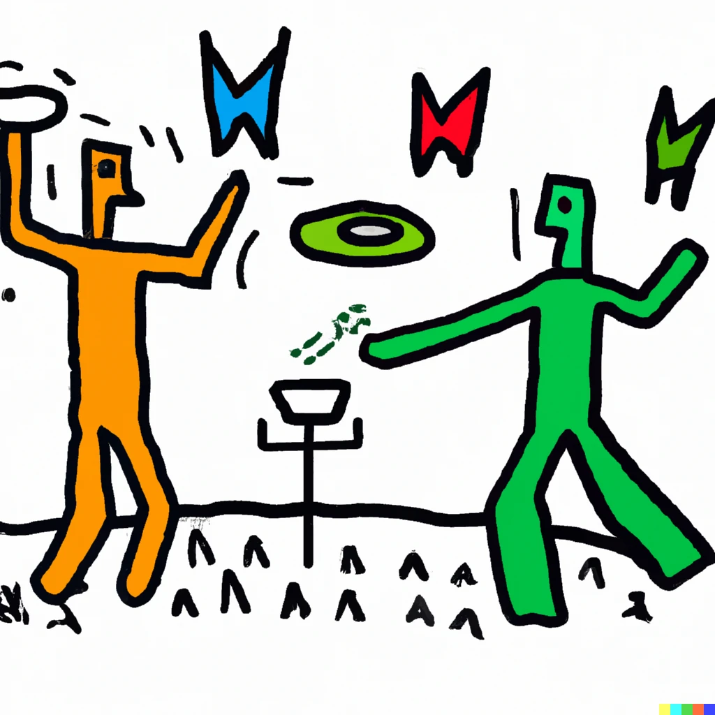 Prompt: Two guys playing disc golf in the style of Keith Haring
