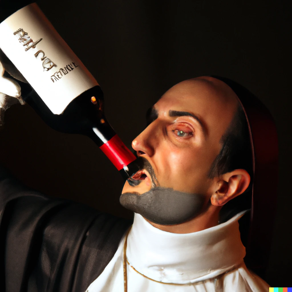 Prompt: a photo of st. bonaventure drinking expensive red wine straight from the bottle