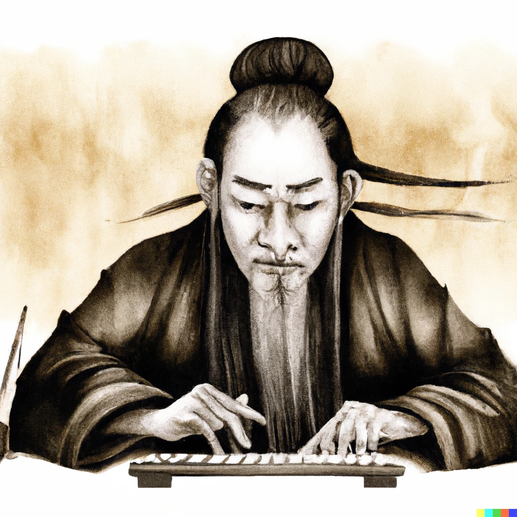 Prompt: Oriental water painting of a Master Programmer