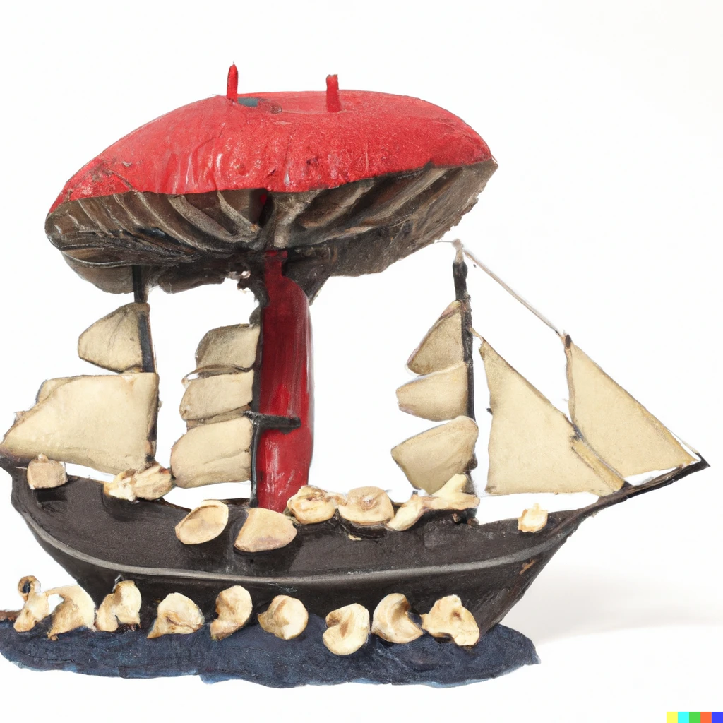 Prompt: black tall ship with mushroom sails