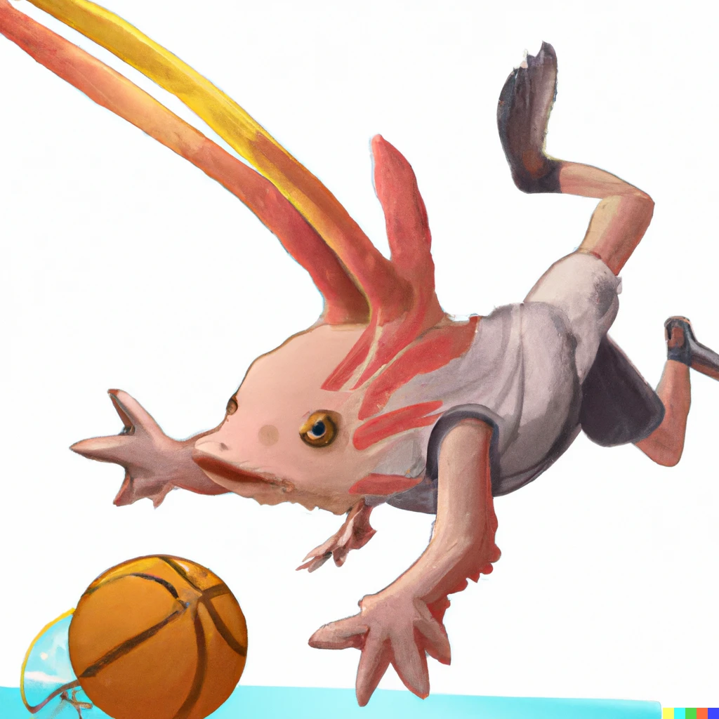 Prompt: an axolotl playing basketball, photorealistic