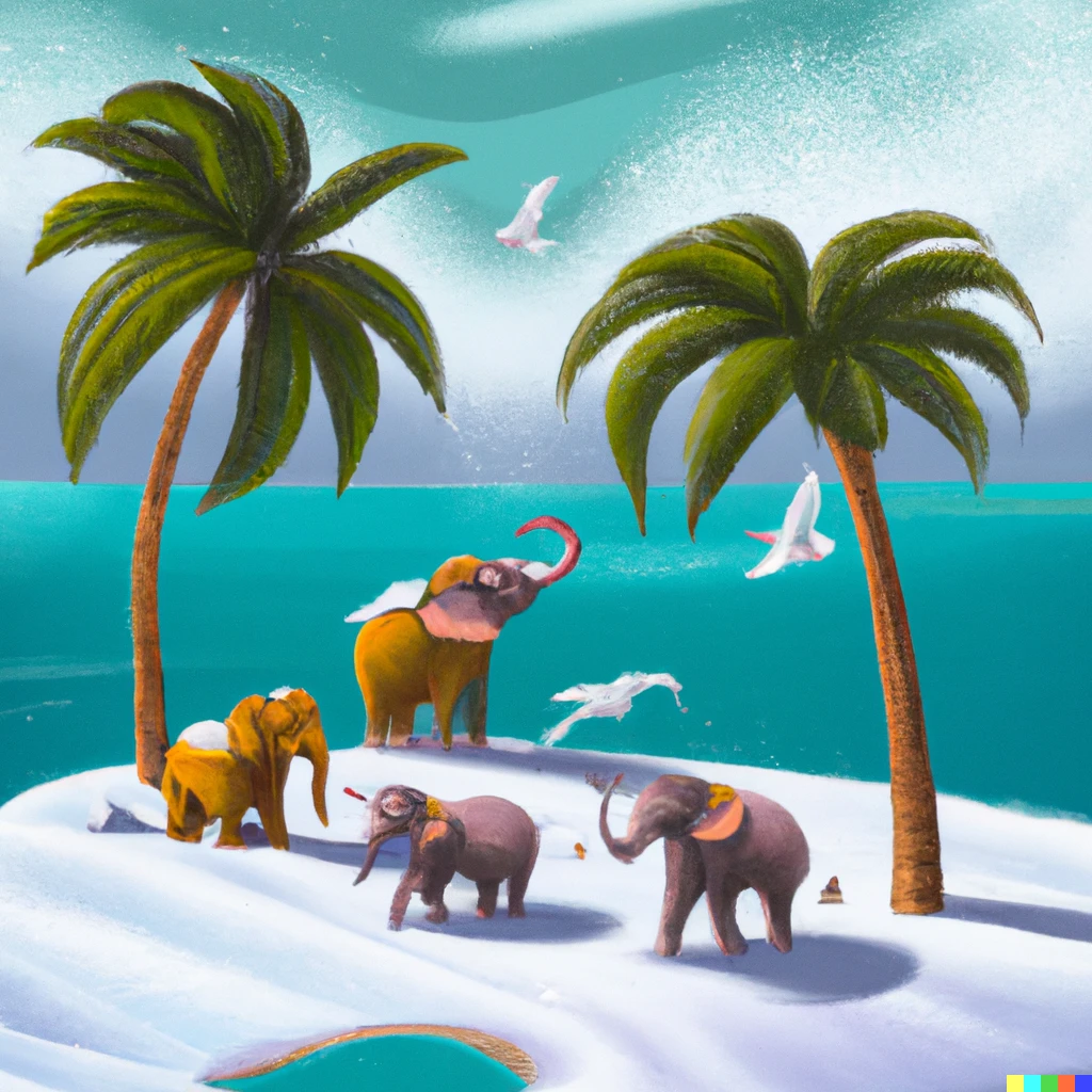 Prompt: Playa nevada con palmeras y 5 elefantes 