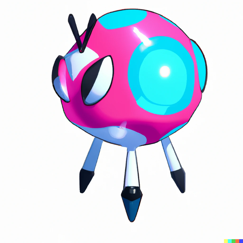 Prompt: A pink and blue spherical mecha with three legs.