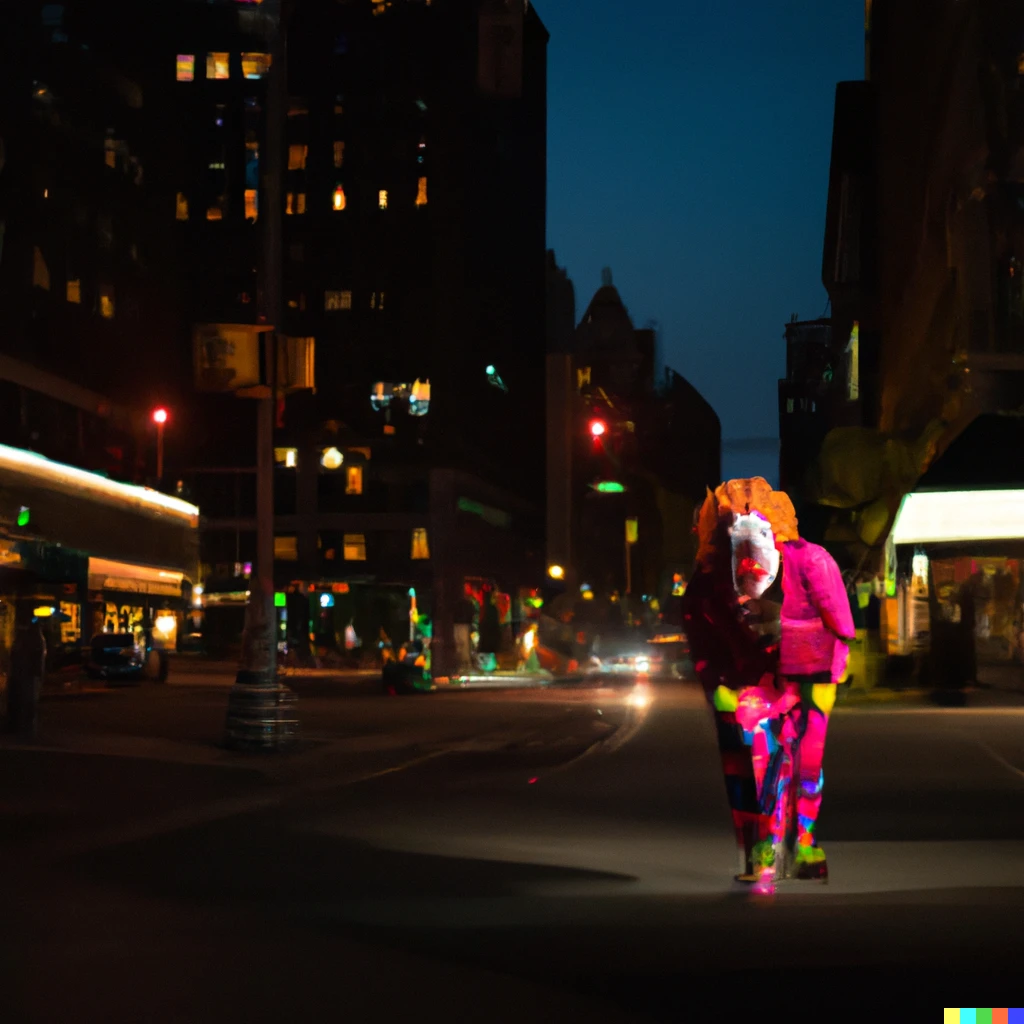 Prompt: A scary clown walking in New York City streets in the evening
