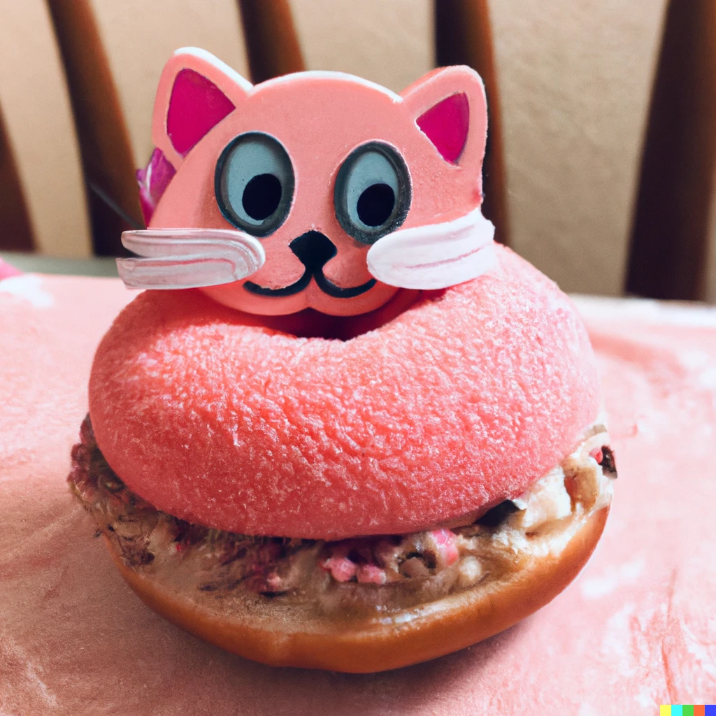 Prompt: A bagel with a pink cupcake on it and a cat on that