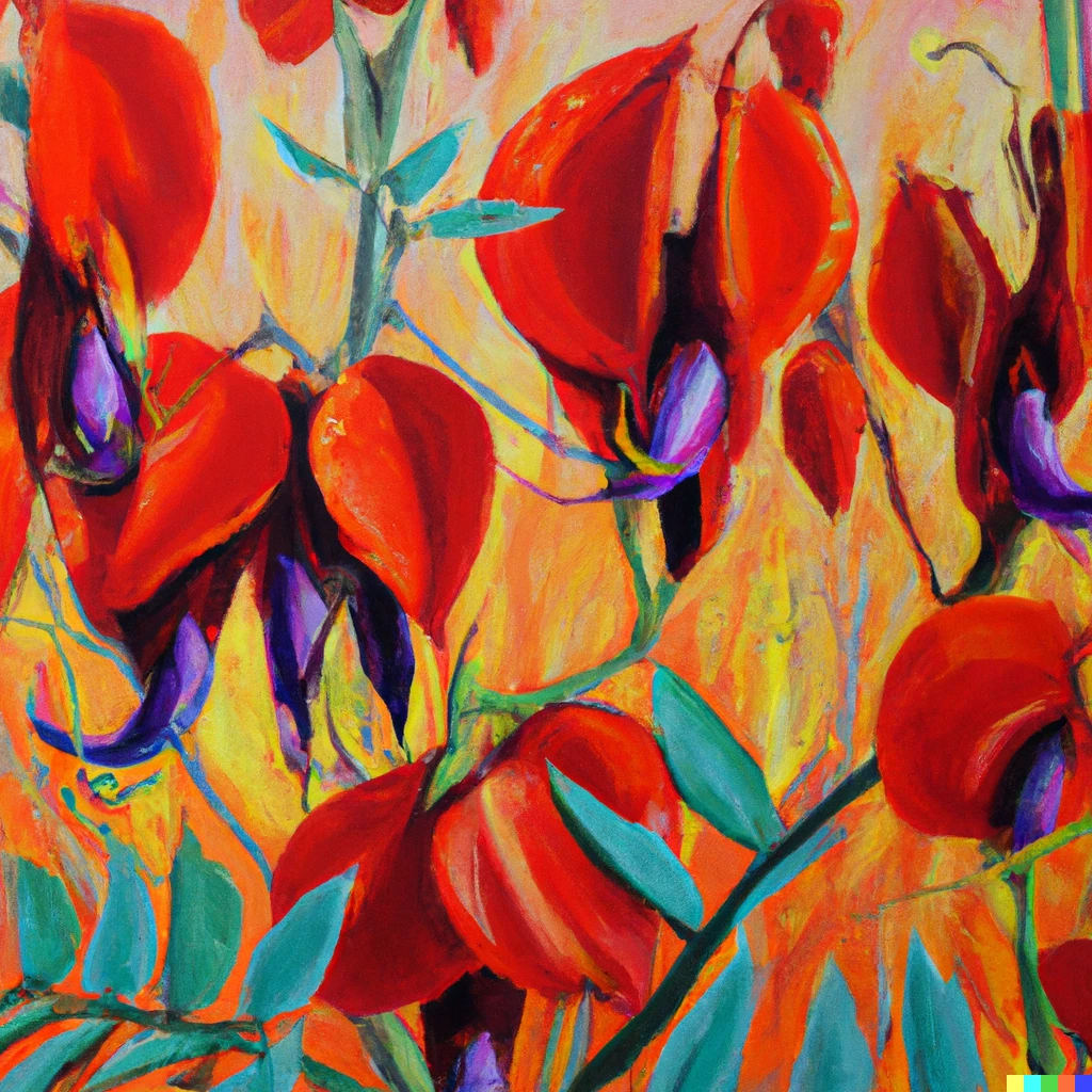 Prompt: Oil painting of the Sturt desert pea, very colourful