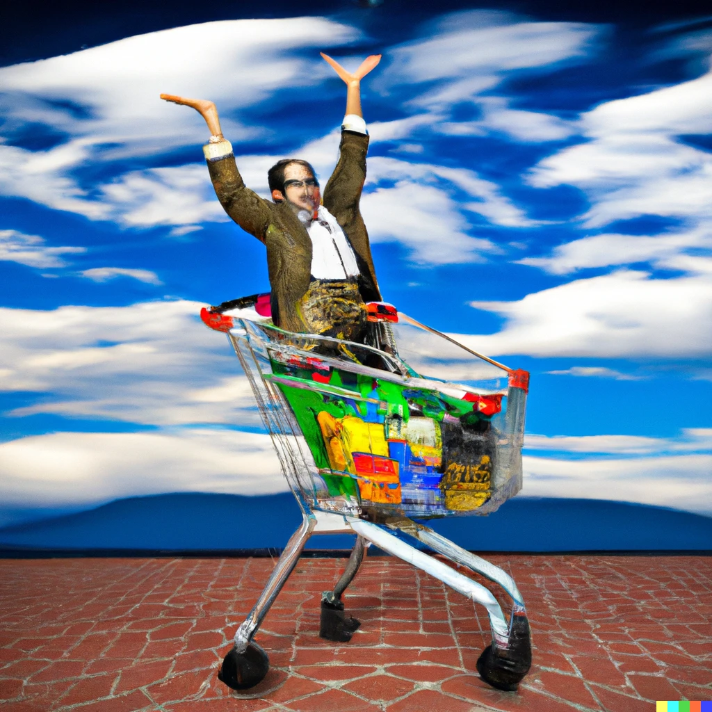 Prompt: Salvador Dali with a supermarket trolley trying to throw his arms around the world
