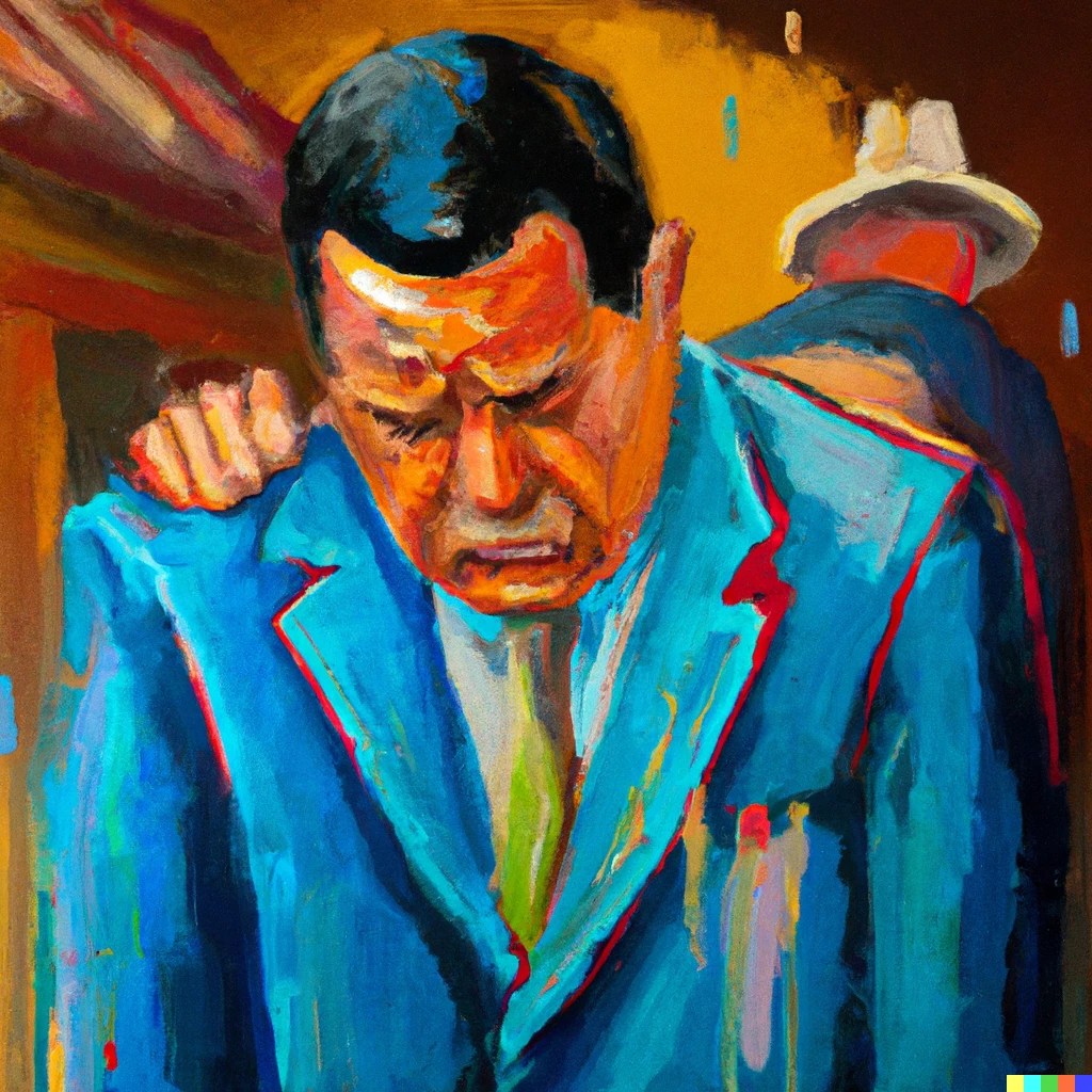 Prompt: Oil painting of a crying man who sold the stock price dip