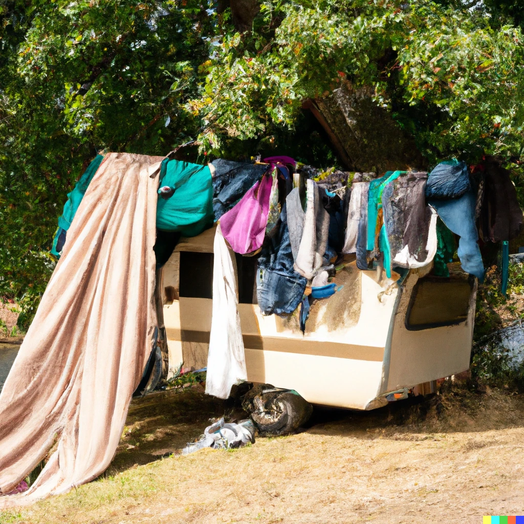 Prompt: To many clothes in a old caravan standing under a tree on a camping along a river.