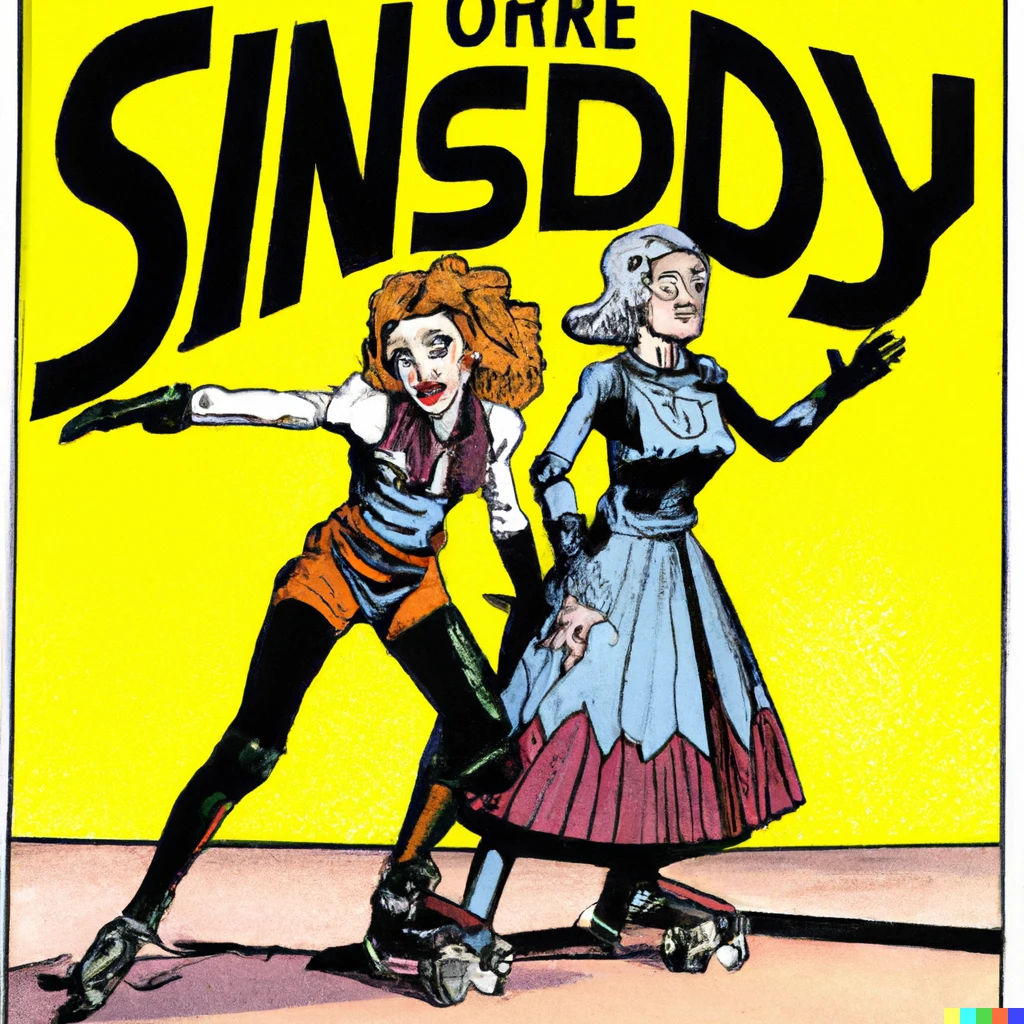 Prompt: a comic book cover of "Sundry Sidney" and Junkmother rollerskating 