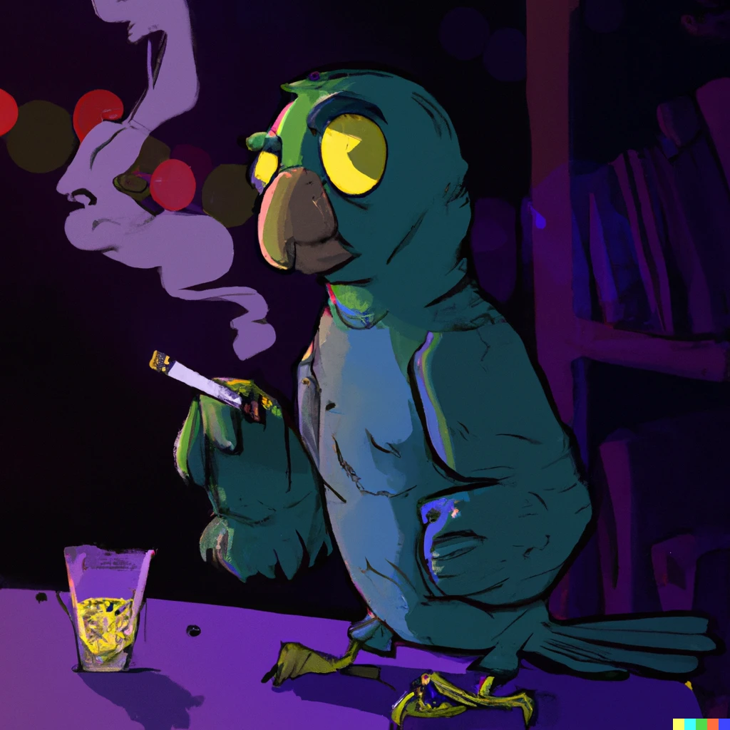 Prompt: A 90’s like cartoon of a depressive green parrrot smoking cigarette and drinking whiskey in a nightclub 

