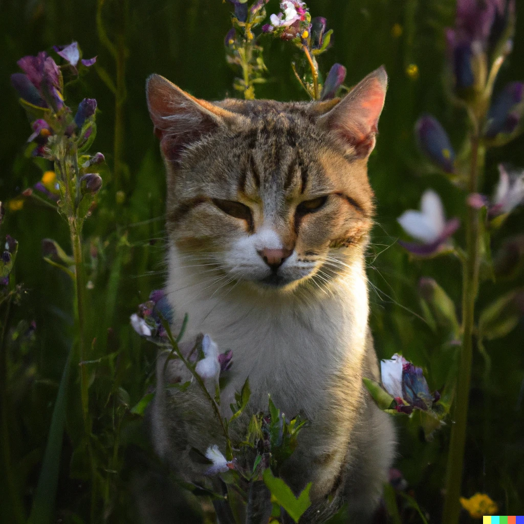 Prompt: A photogenic cat posing for camera in the field of flowers 