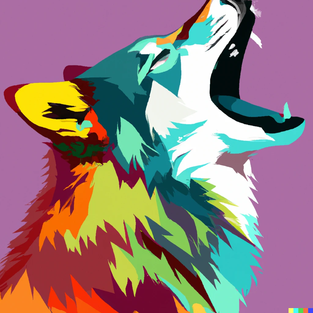 Prompt: stylized, material design, very colourful, howling wolf portrait